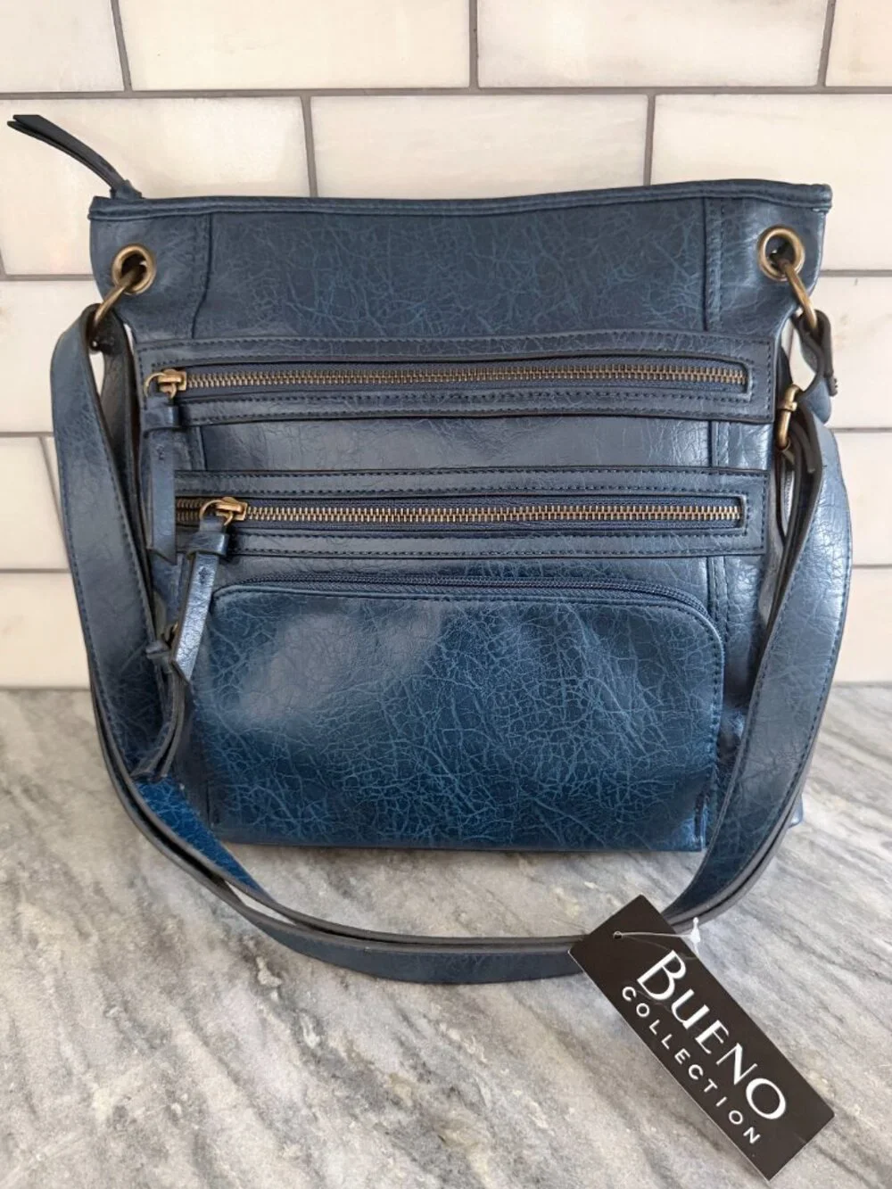 NWT Bueno Collection Steel Blue Multi-Zip Crossbody Bag Purse